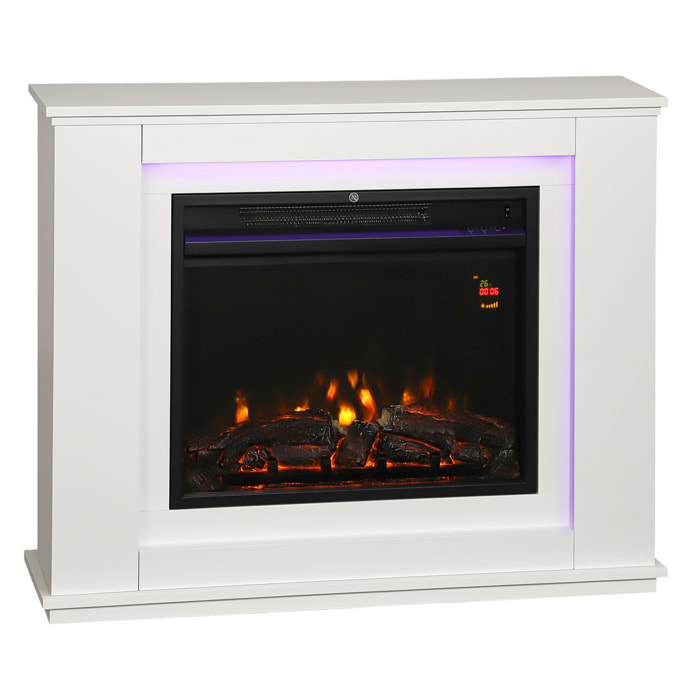 Chimenea Eléctrica Empotrable con Efecto de Llama de 5 Niveles de Brillo y 12 Colores, Chimenea Decorativa, 1000/2000W, Temporizador, Termostato Digital, Mando a Distancia, para 30 ㎡, Blanco