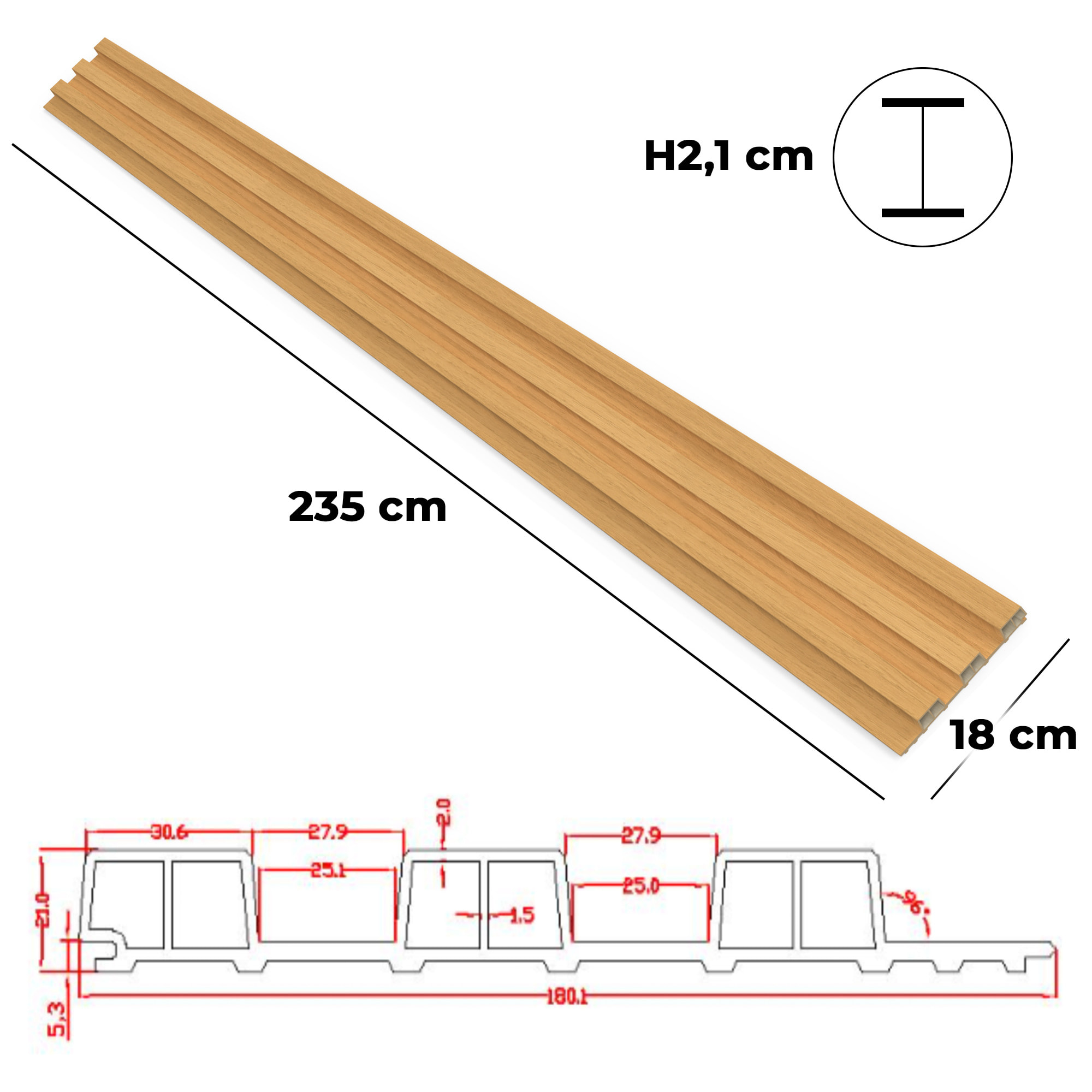 Chopin - Set 6 Pannelli Fonoassorbenti Decorativi 235x18 cm per Interno ed Esterno in WPC Oak