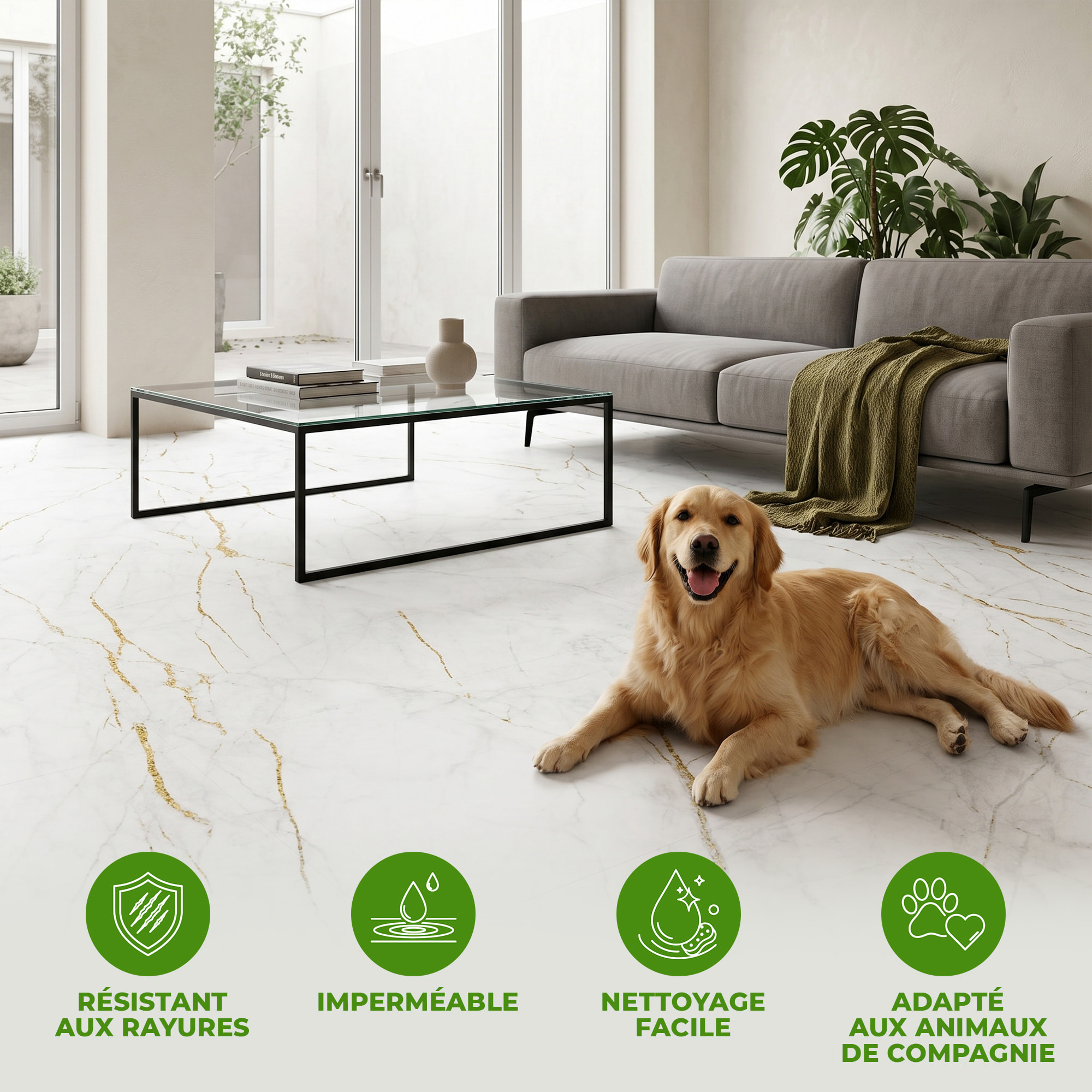 Sticker Sol avec laminat de Protection en Plastique Anti-dérapant | Stickers adhésif Sol - SOL MARBRE BLANC ET DORURES - 1 sticker