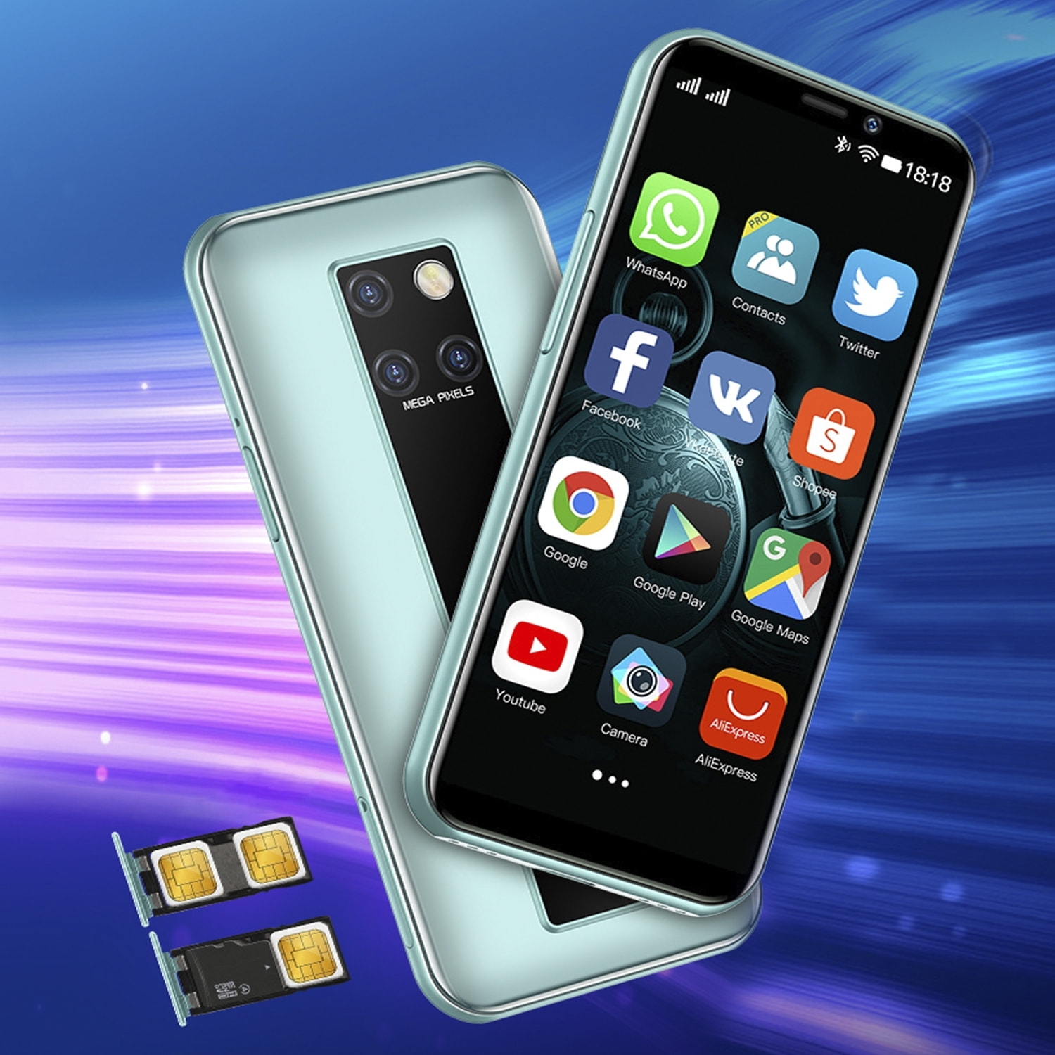 DAM  Mini Smartphone S10-H 4G, Android 9.0, 3GB RAM + 32GB. Schermo 3,46''. Doppia SIM 4,5x1x10,2 cm. Colore verde