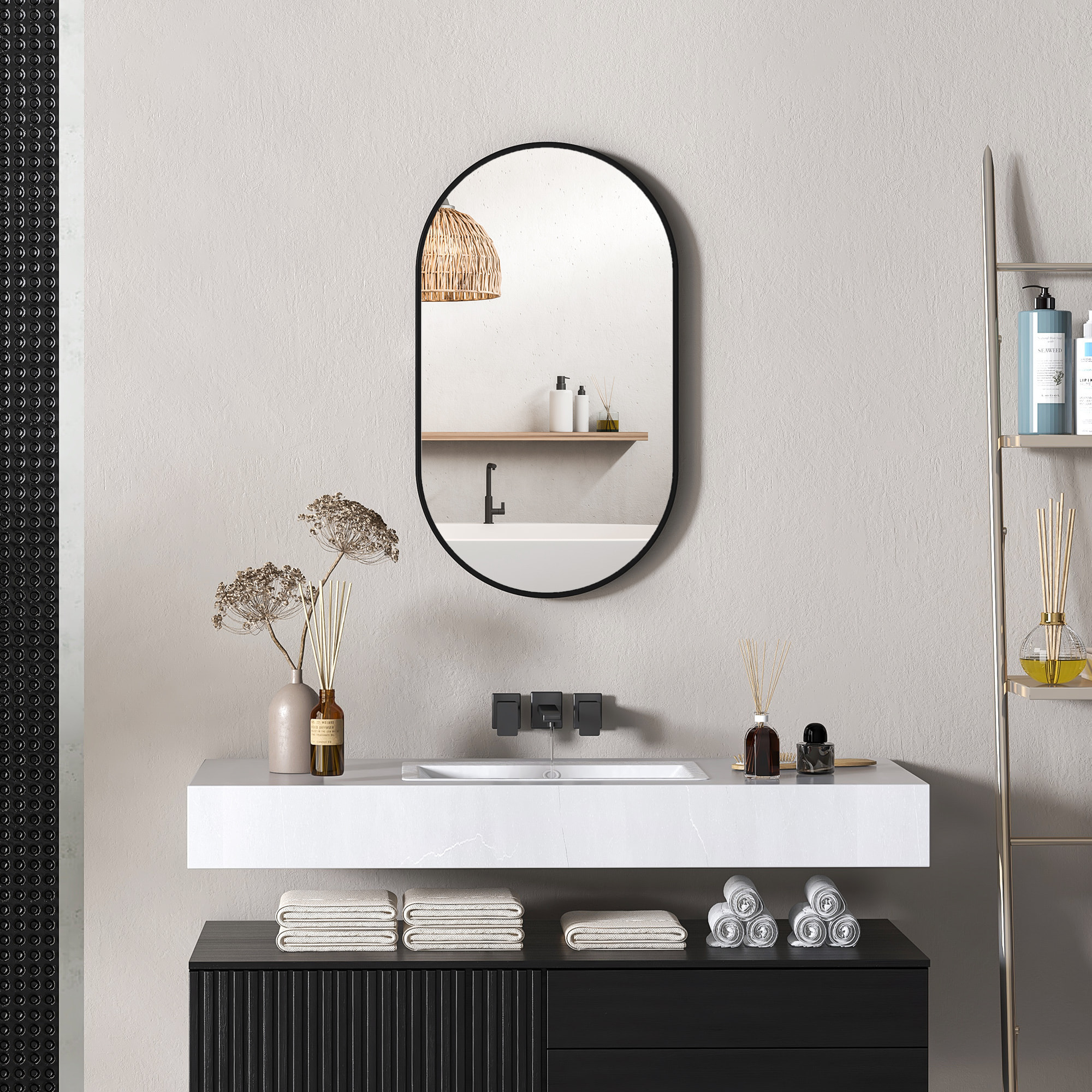 Miroir mural ovale dim. 40L x 70H cm cadre alu. noir