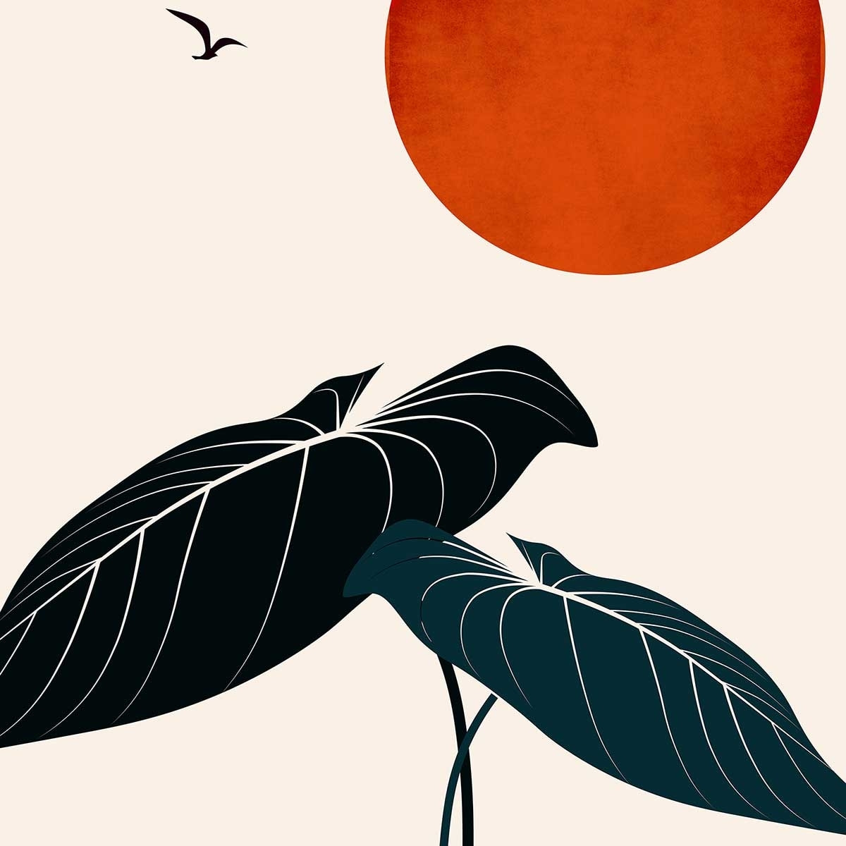 Affiche fleurs ""Monstera au soleil rouge"" Affiche sous cadre bois