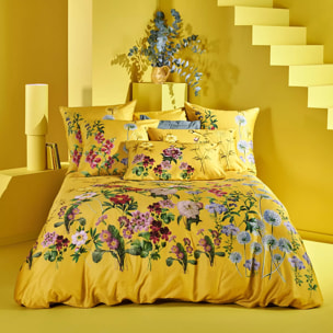 Housse de couette satin de coton imprimé jaune Mesanges curry