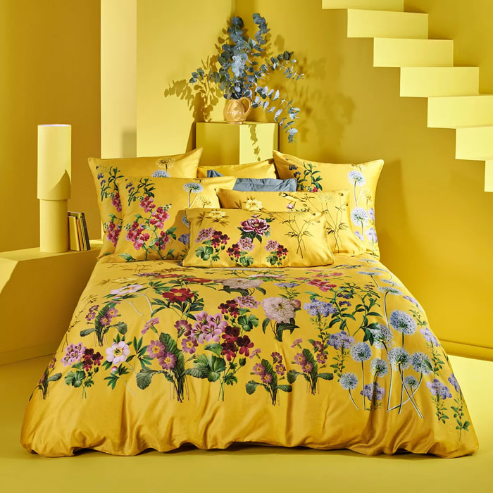 Housse de couette satin de coton imprimé jaune Mesanges curry