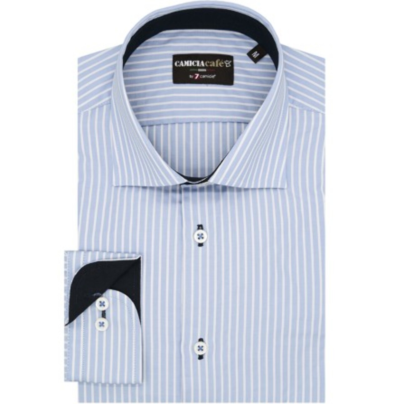 Camicia Uomo 1 Bottone Francese Slim Cotone Poliestere Riga Media Celeste/Bianco