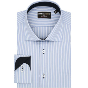 Camicia Uomo 1 Bottone Francese Slim Cotone Poliestere Riga Media Celeste/Bianco
