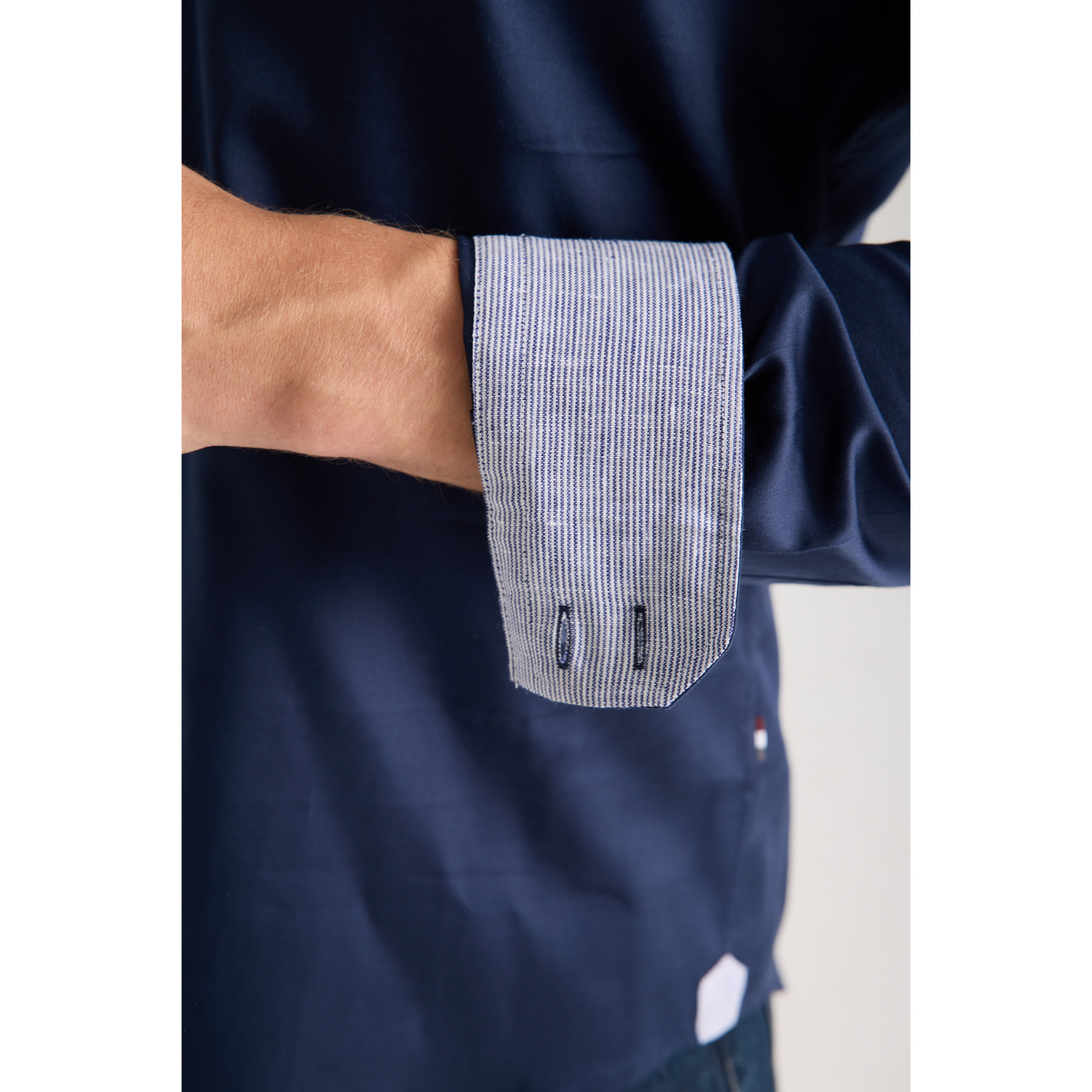 Camicia Uomo 2 Bottoni Button Down Slim Satin Unito Blu