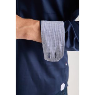Camicia Uomo 2 Bottoni Button Down Slim Satin Unito Blu