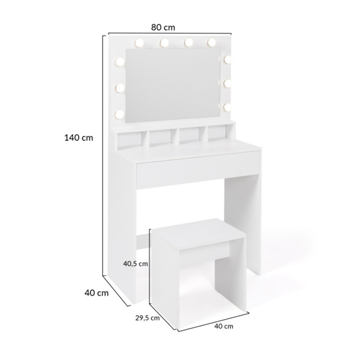Coiffeuse Zita blanche avec miroir LED, niches, 1 tiroir et tabouret