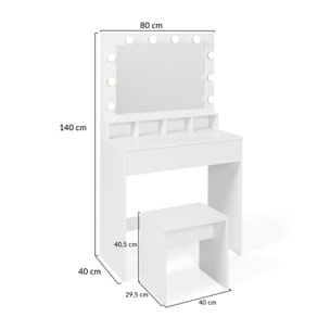 Coiffeuse Zita blanche avec miroir LED, niches, 1 tiroir et tabouret