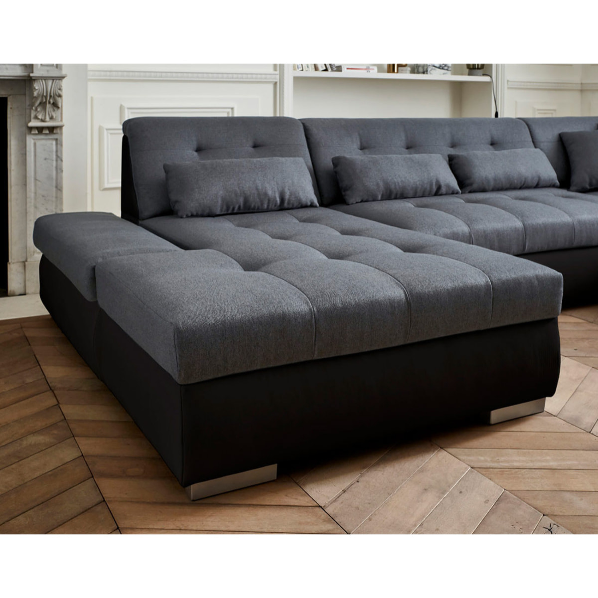 Vermont - canapé panoramique d'angle droit - 7 places - XXL - Noir / Gris