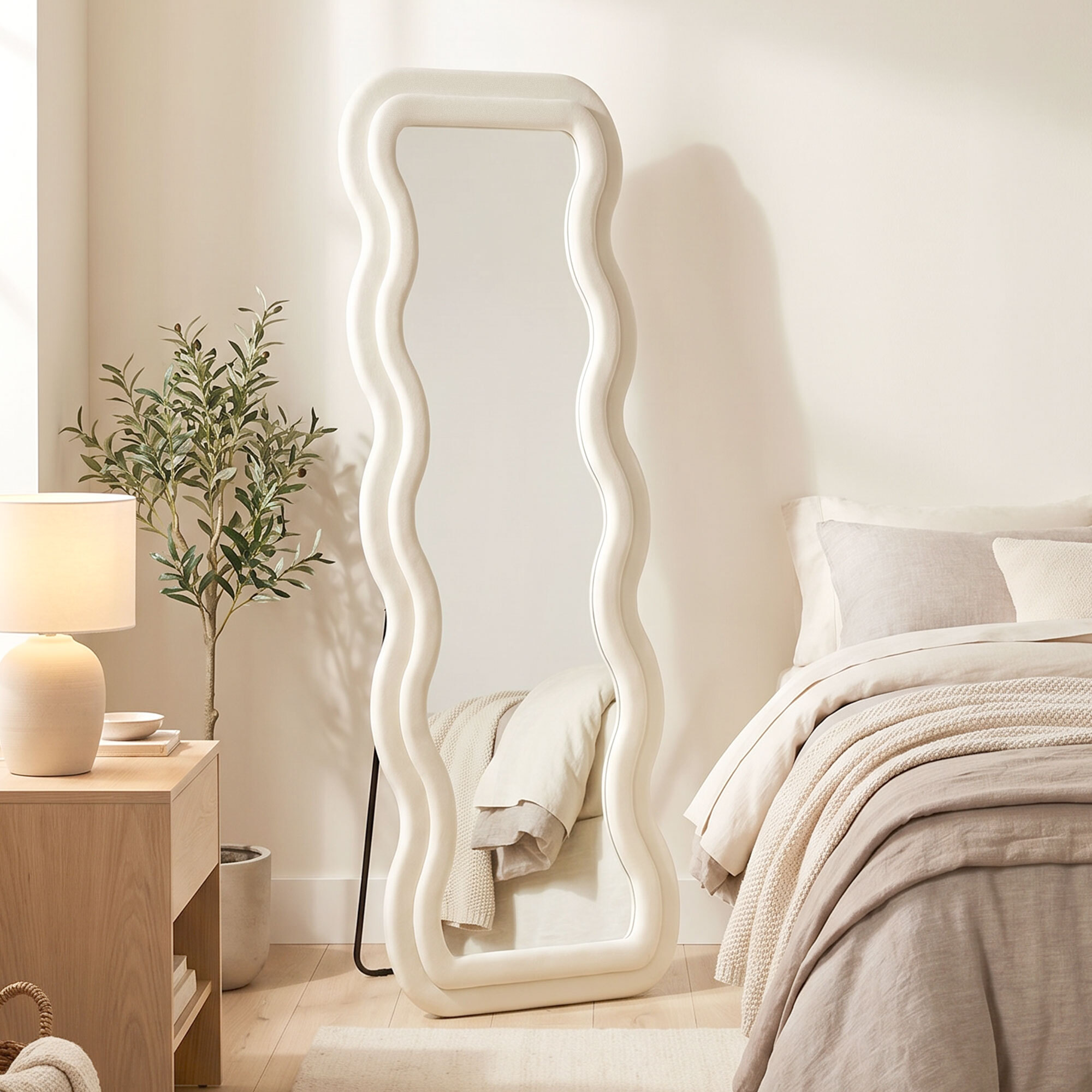 Espejo de Cuerpo Entero, 160x60 cm, Espejo de Pie, Marco Ondulado Aterciopelado, Independiente, Apoyado y de Pared, para Dormitorio, Salón, Vestidor