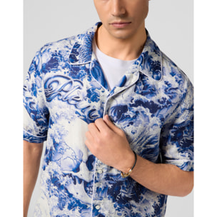 PHILIPP PLEIN Linen Bowling Shirt All-Over Ceramic