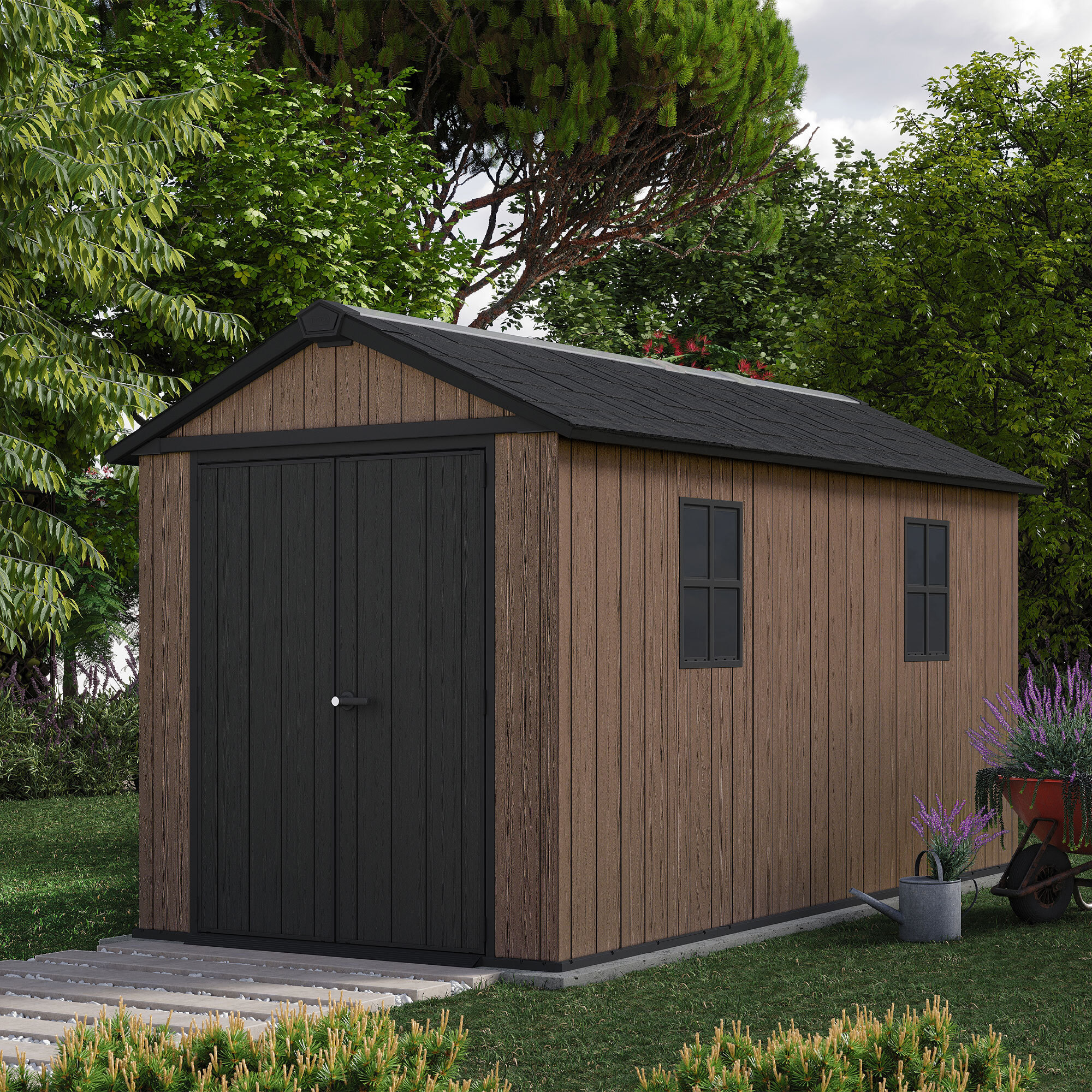 Newton + 7513/1375- Casetta da Giardino 413x246x230 cm 2 Ante per deposito attrezzi finitura effetto legno Evotech+ in Resina Marrone e Nero