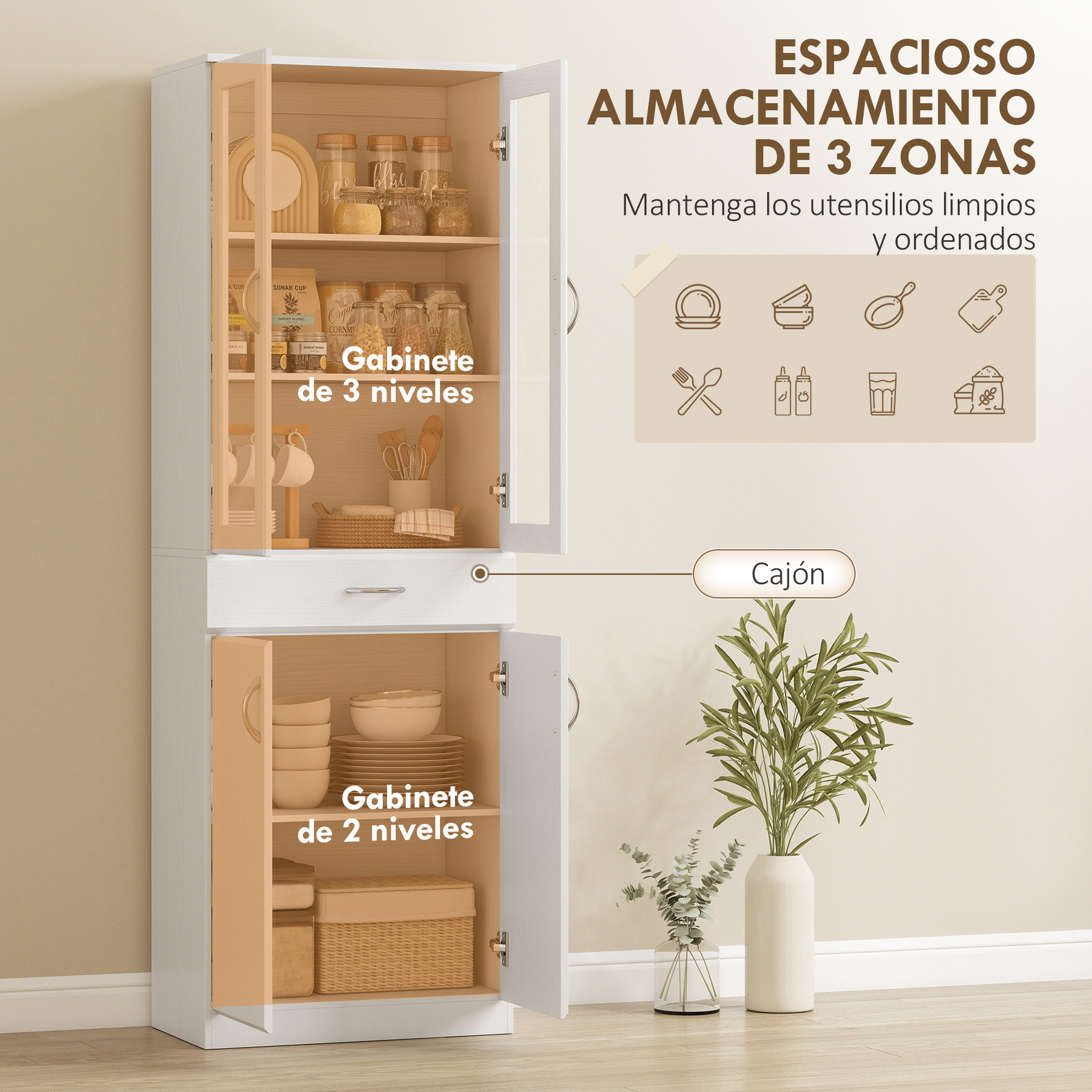 Alacena de Cocina, Mueble Auxiliar de Cocina con Puertas de Vidrio, Cajón, Estantes Ajustables, para Comedor, Salón, Blanco, 60x35x180 cm