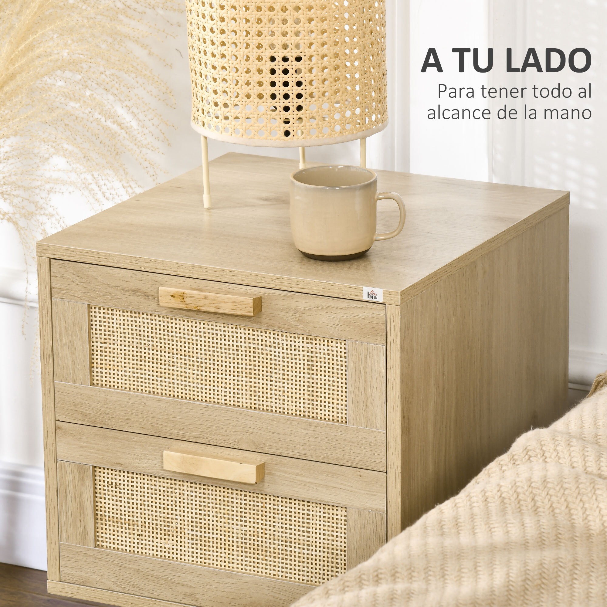 Conjunto de 2 Mesitas de Noche de Bohemio Mesillas de Noche con Cajones de Rejilla de Mimbre y Patas de Madera para Salón Dormitorio 40x40x56 cm Natural