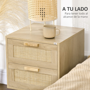 Conjunto de 2 Mesitas de Noche de Bohemio Mesillas de Noche con Cajones de Rejilla de Mimbre y Patas de Madera para Salón Dormitorio 40x40x56 cm Natural