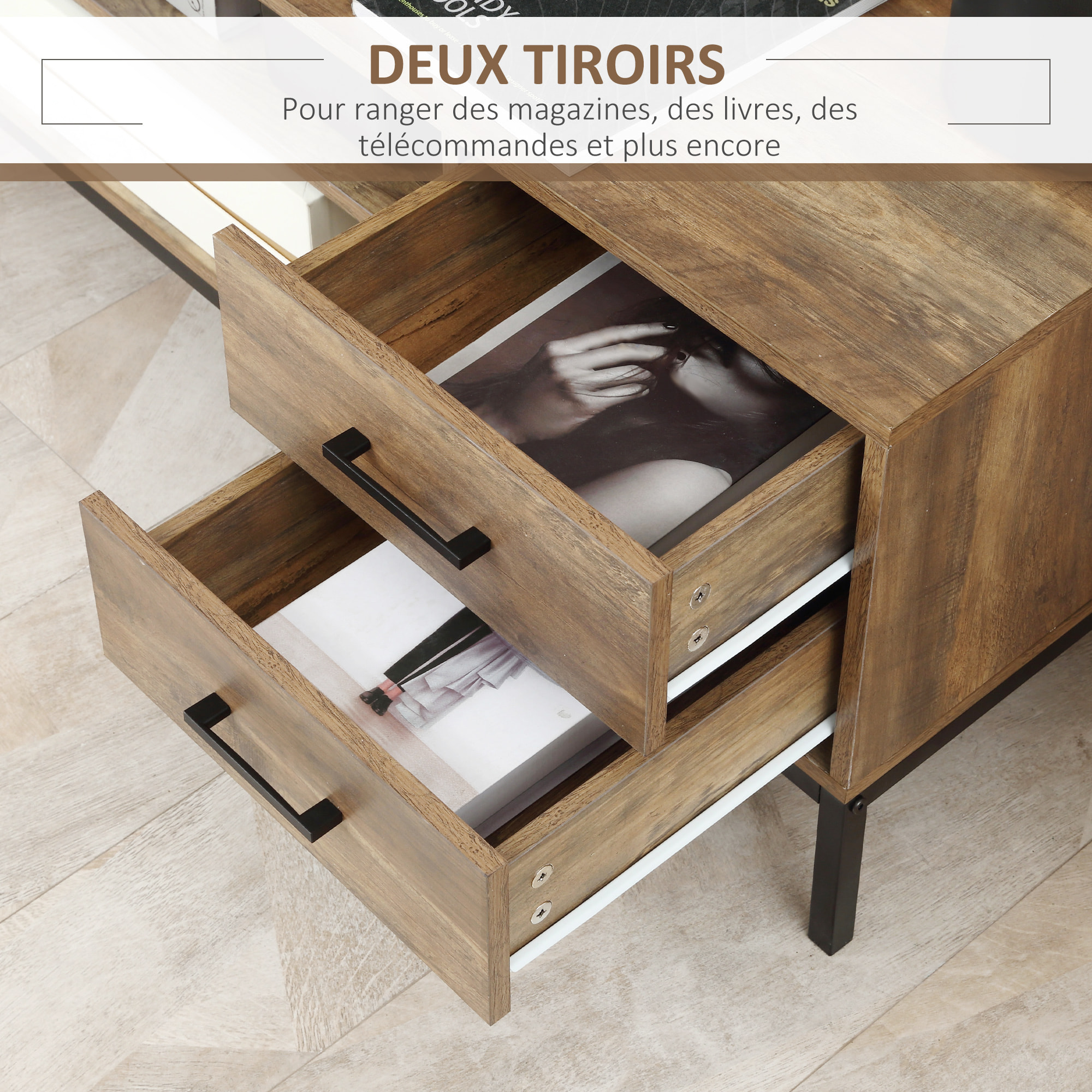 Meuble TV banc TV design industriel - porte, 2 tiroirs, 2 niches - piètement acier noir - aspect bois de manguier