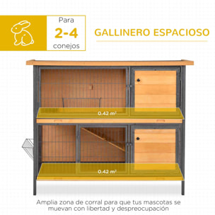 Conejera de Madera de 2 Niveles Jaula para Conejos con Techo Asfáltico Abatible Puertas con Pestillo Bandejas Extraíbles y Rampa Conejera para Exterior 122x50x101 cm Natural y Negro