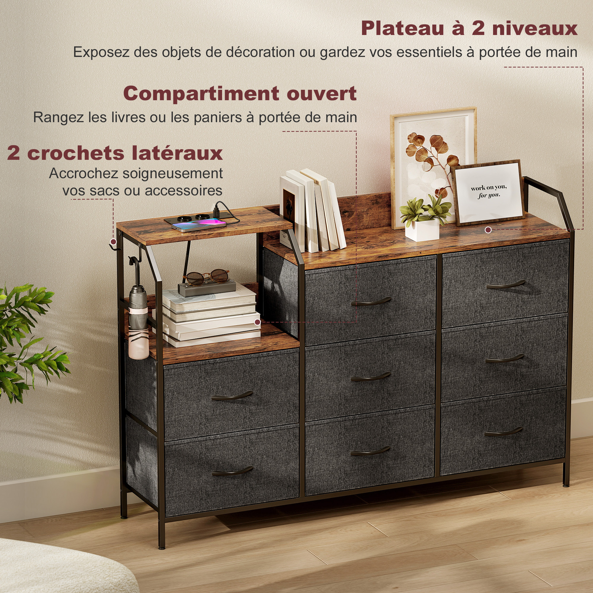 Commode 8 tiroirs non tissés anthracite station de recharge intégré acier noir effet bois vieilli