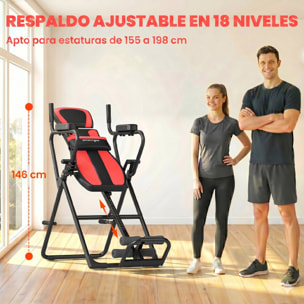 Tabla de Inversión Plegable 3 en 1 con Dominadas y Flexiones Reposacabezas Altura Ajustable 155-198 cm Ángulos 20° 40° 60° Banco de Inversión con Soporte Lumbar Tobillo Bloqueo Cinturón Rojo