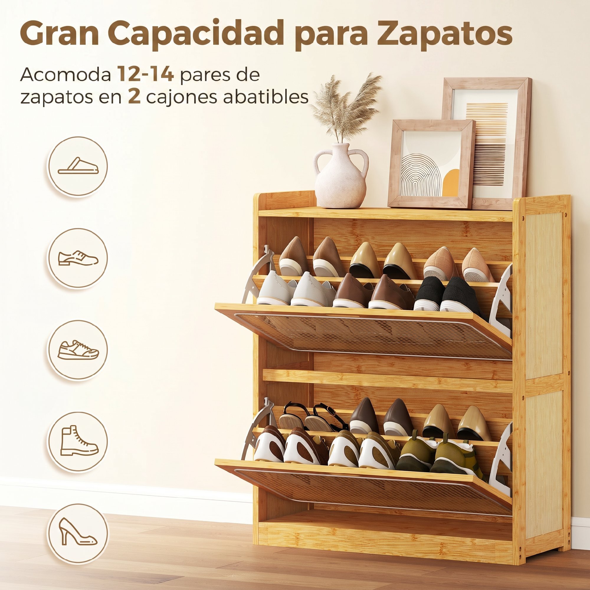 Zapatero Estrecho de Bambú con 2 Cajones Abatibles de Ratán, Mueble Zapatero Bohemio con Estantes Ajustables, para 12-14 Pares de Zapatos, para Pasillos, Entradas, 69x29x83 cm, Natural