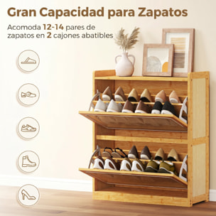 Zapatero Estrecho de Bambú con 2 Cajones Abatibles de Ratán, Mueble Zapatero Bohemio con Estantes Ajustables, para 12-14 Pares de Zapatos, para Pasillos, Entradas, 69x29x83 cm, Natural