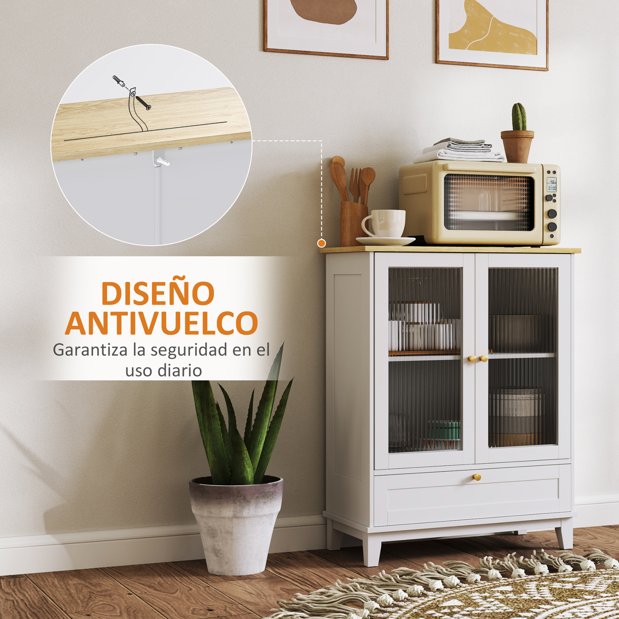 Aparador de 2 Puertas de Vidrio Aparador de Salón con Cajón y Estante Ajustable Mueble Aparador de Dormitorio Sala de Estar 68x35x85 cm Blanco y Roble