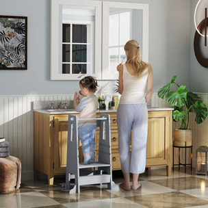 Torre de Aprendizaje Taburete de Aprendizaje para Niños de +3 Años con Pedal Altura Ajustable en 3 Niveles y Barrera de Seguridad para Baño Cocina 45x47,5x91 cm Gris