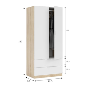 Guardaroba Worcester, Armadio per camera da letto a 2 ante e 2 cassetti, Mobile con barra appendiabiti, cm 82x52h180, Bianco e Rovere