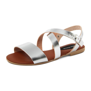 Sandali Flat Made in Italy in pelle colore Argentato, Altezza tacco 1,2 cm