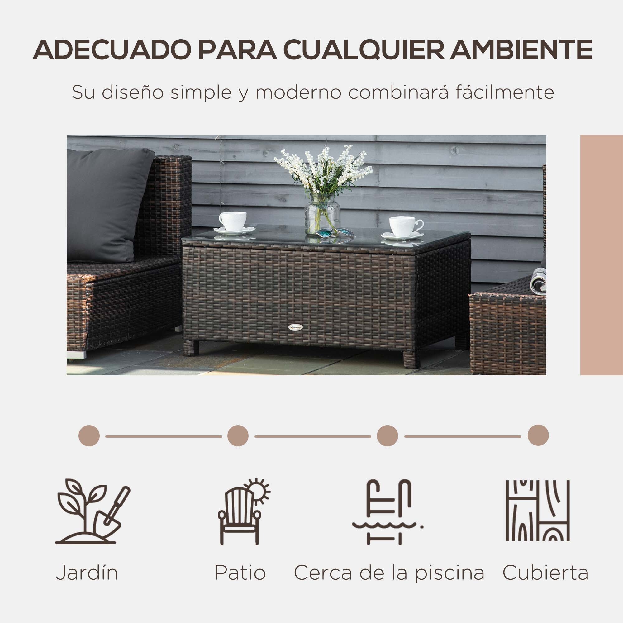 Mesa de Jardín de Ratán Sintético Mesita Auxiliar con Vidrio Templado para Terraza Patio Balcón 85x50x39 cm Marrón