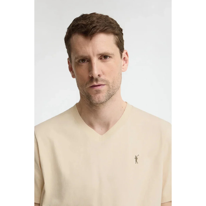 Camiseta color crema de cuello pico con logo Rigby Go