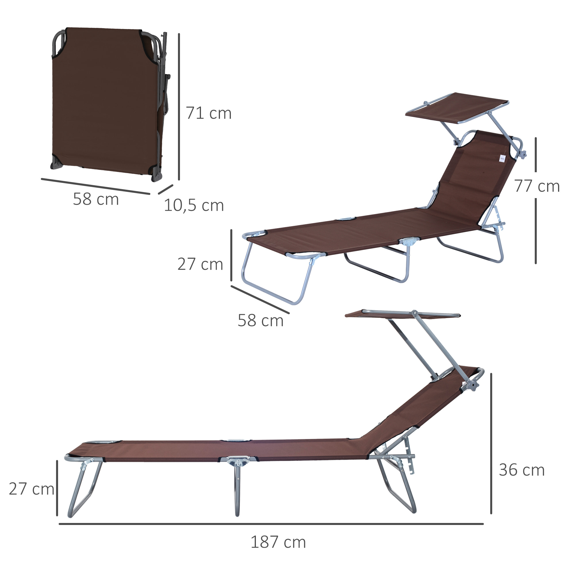 Conjunto de 2 Tumbonas Plegables Tumbonas de Jardín Reclinables con Toldo Desmontable Respaldo Ajustable en 5 Niveles para Terraza Piscina 187x58x36 cm Marrón