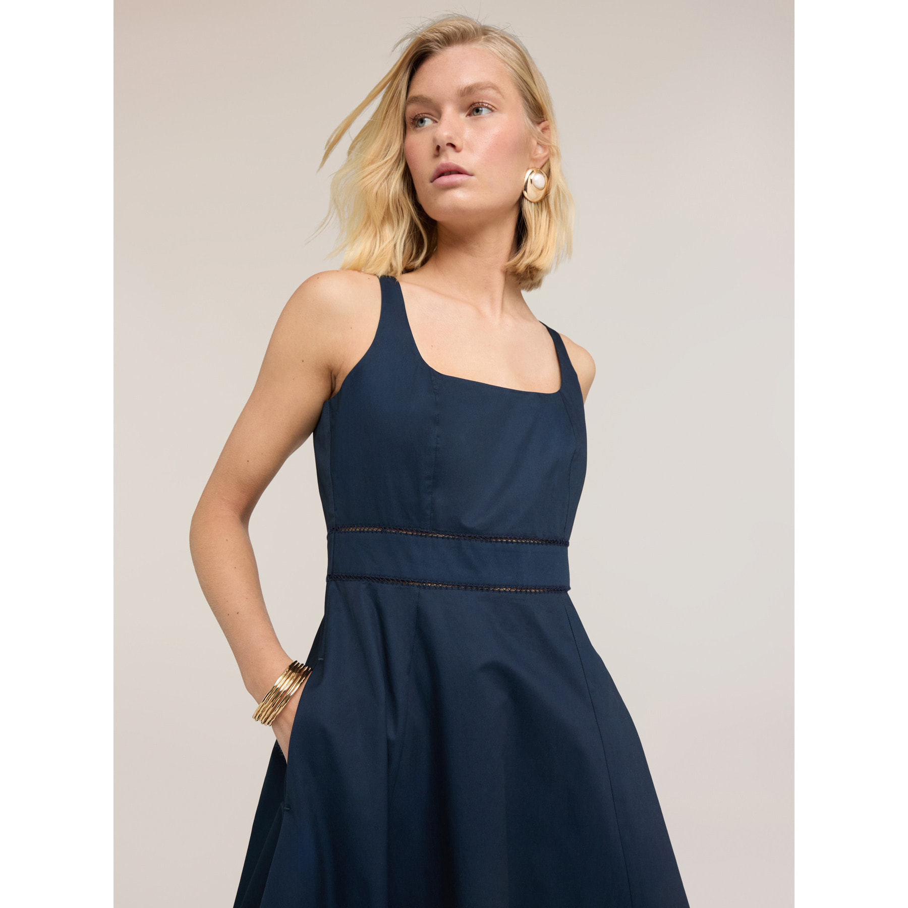 Motivi - Vestido flare en popelín con ajouré - Azul