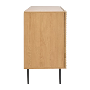 Buffet design en bois clair chêne massif gravé et métal noir 4 portes L180 cm ARCHIPEL