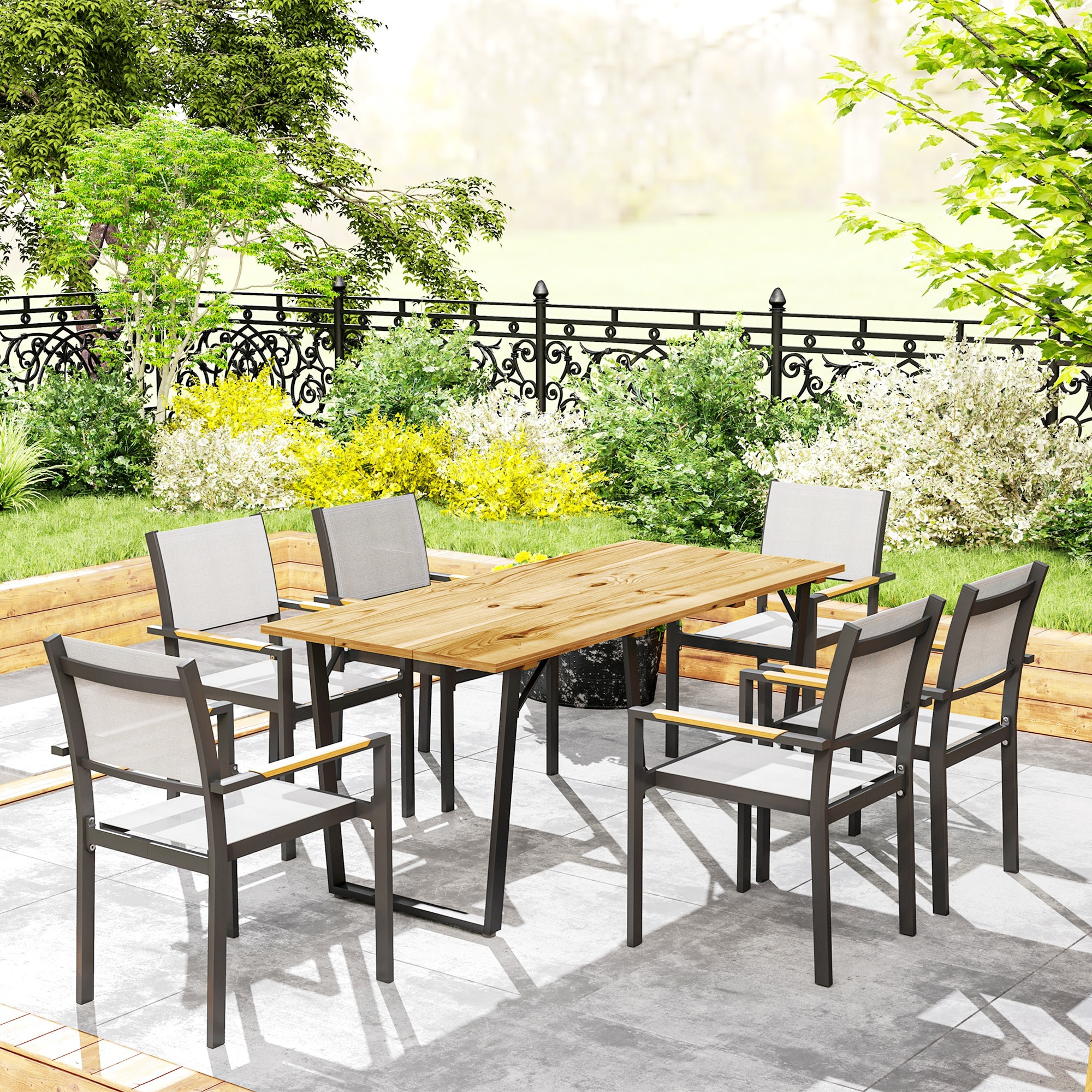 Mesa Comedor de Jardín de Madera Rectangular Mesa de Terraza Exterior 175x80x75 cm con Orificio para Sombrilla Estructura de Acero y Encimera de Listones para Patio Balcón Natural