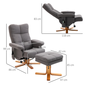 Fauteuil de massage inclinable avec repose-pied - coffre rangement intégré - bois tissu gris