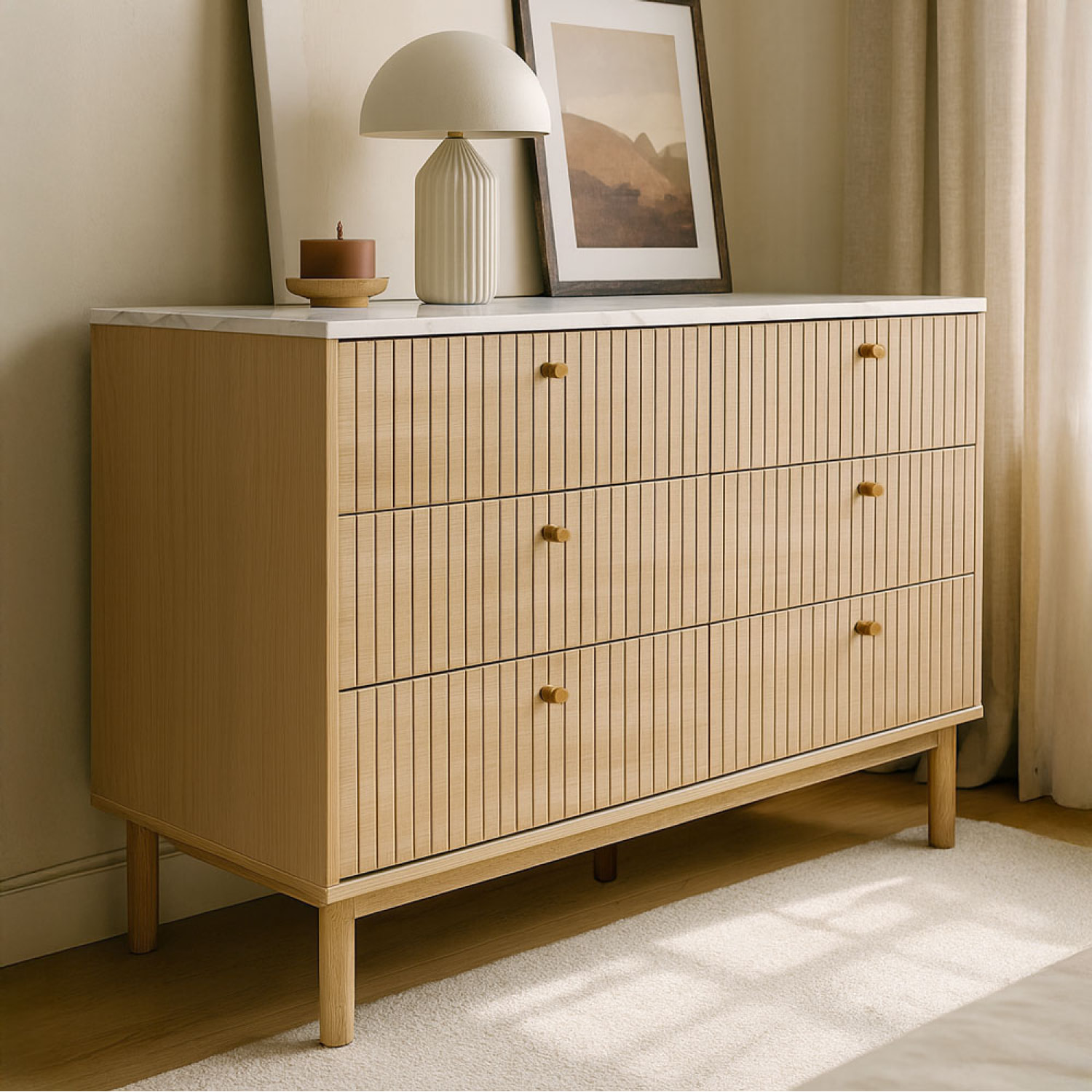 MIRANDELA Buffet 6 tiroirs aspect bois rainuré et marbre 120cm