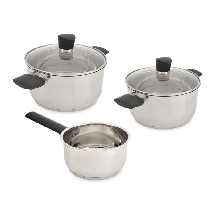 Set de cocina de acero con 5 piezas. 2 ollas, 2 tapas y 1 cazo.