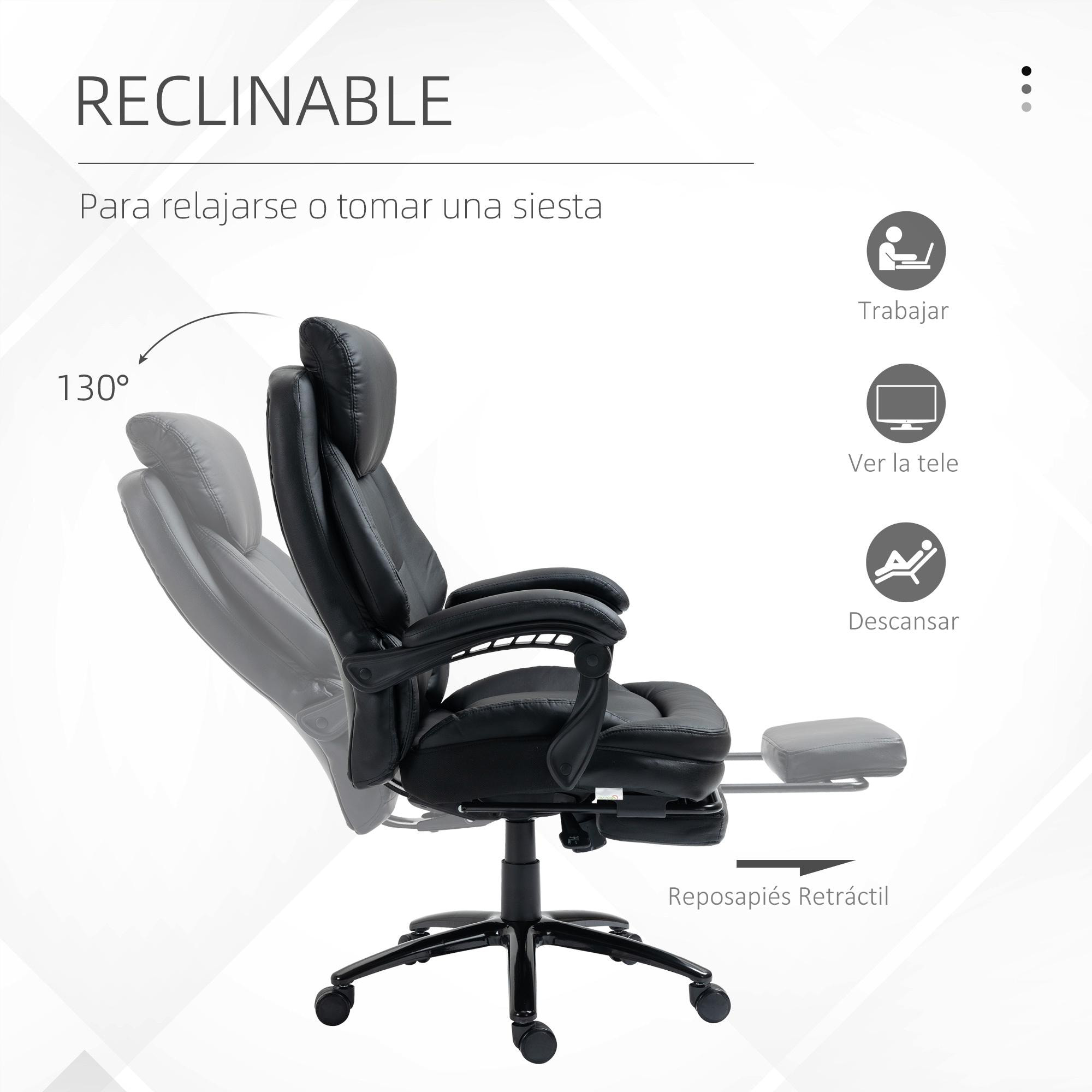 Vinsetto Silla de Oficina Ergonómica Silla de Escritorio Ajustable en Altura con Respaldo Inclinable hasta 130° Función Basculante y Resposapiés Retráctil Acero 73x66x112-118 cm Negro