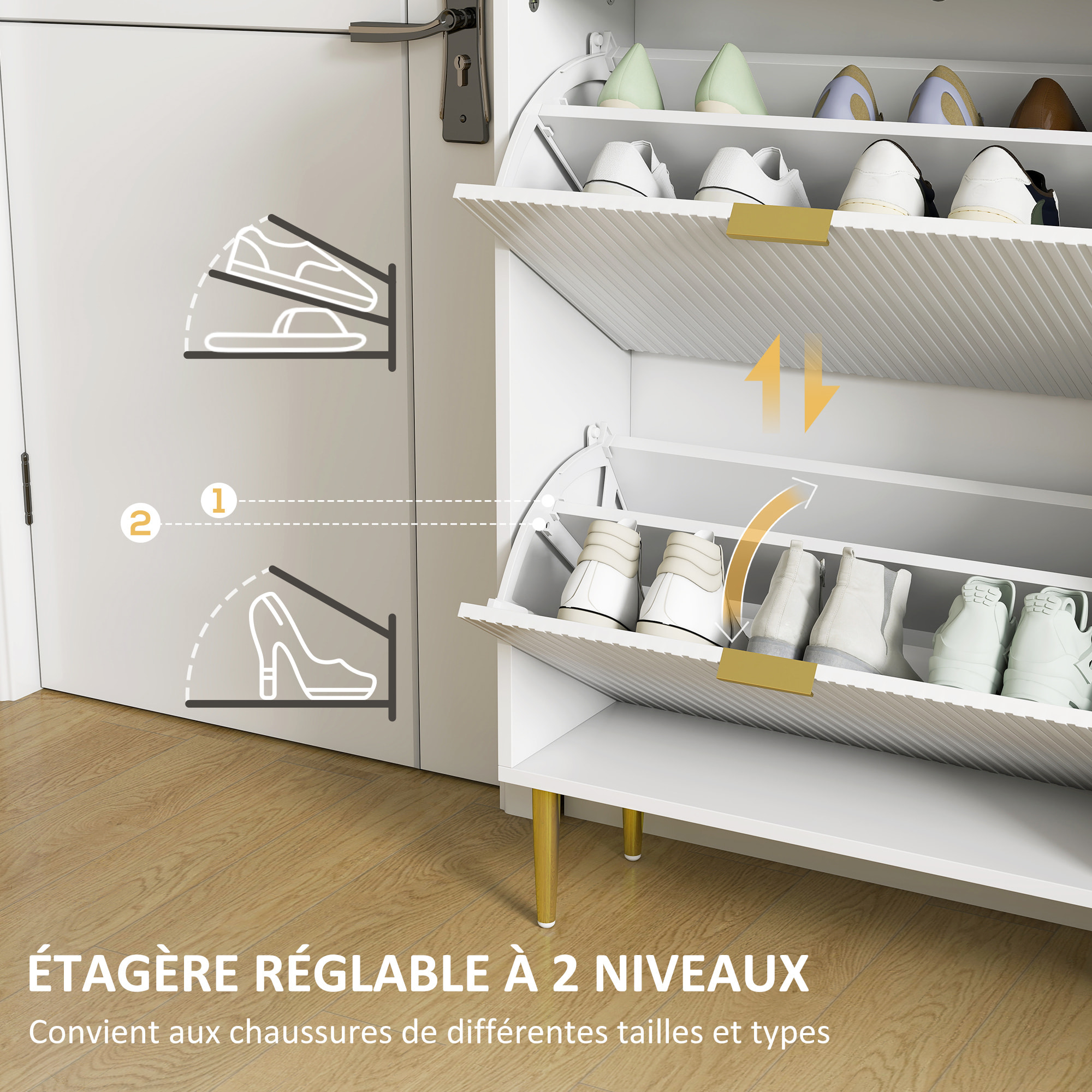 Meuble à chaussures style Art déco 3 portes piètement poignées métal doré 60 x 24 x 128 cm blanc