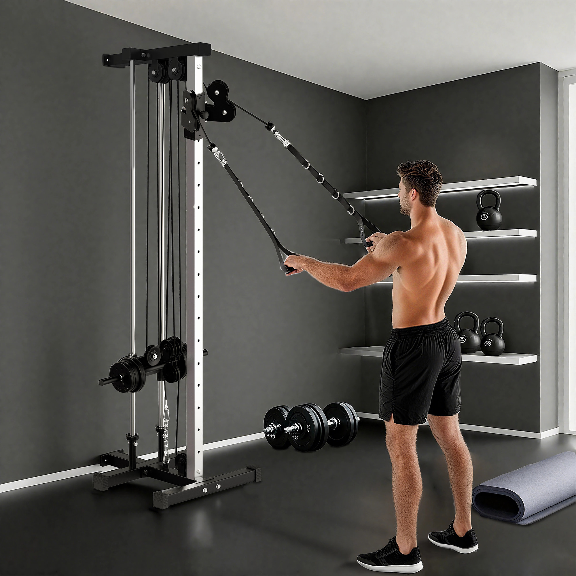 Máquina Polea Alta y Baja de Pared, de Doble Polea Ajustable en 15 Posiciones, Máquina de Musculación, Multifunción Lat Pulldown para Entrenamiento de Fitness en Gimnasio, Casa