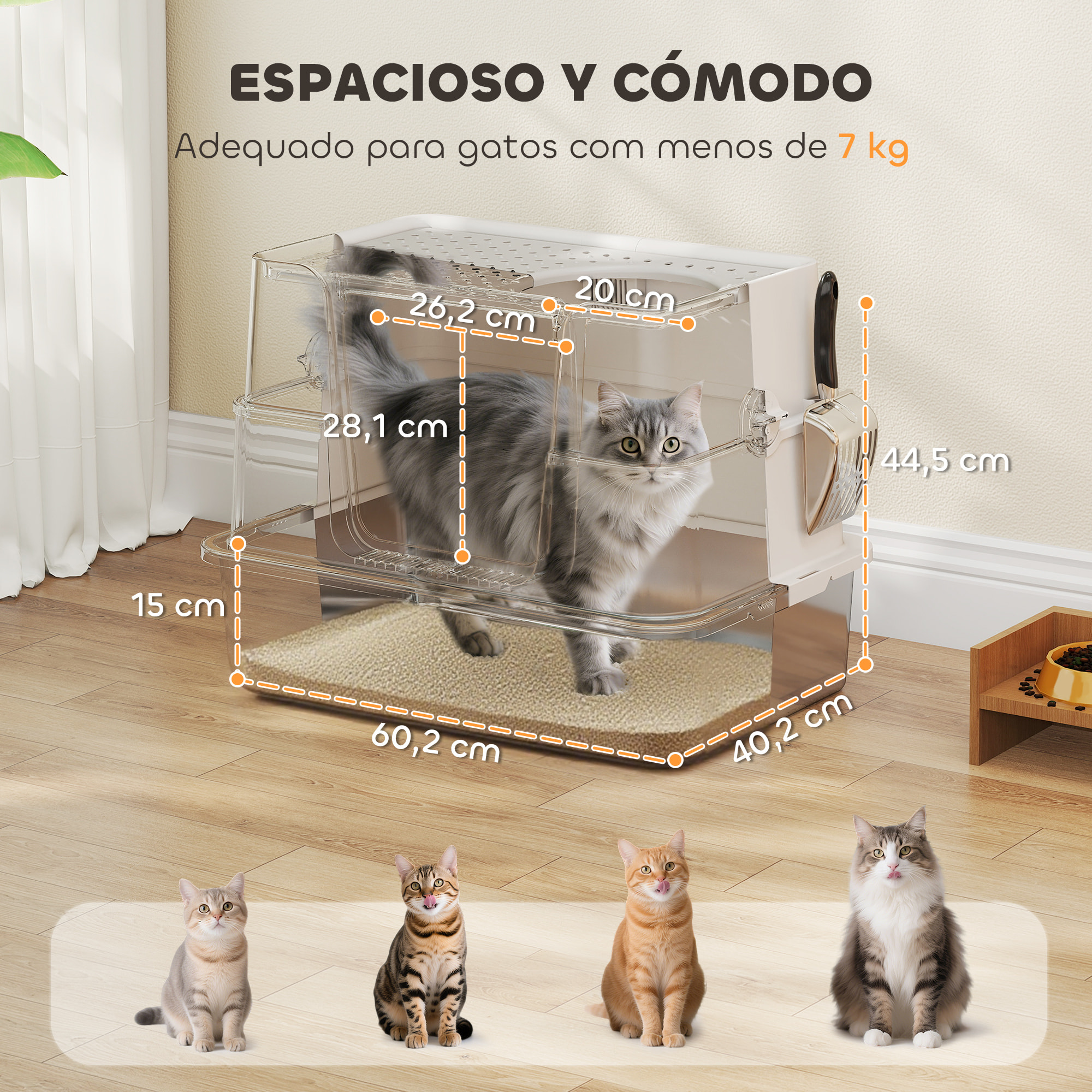 Arenero para Gatos de Acero Inoxidable XL Caja de Arena para Gatos Grandes Arenero con Tapa Abatible Laterales Altos Entrada Superior Pala sin Olores Fácil de Limpiar Antifugas Gris Claro