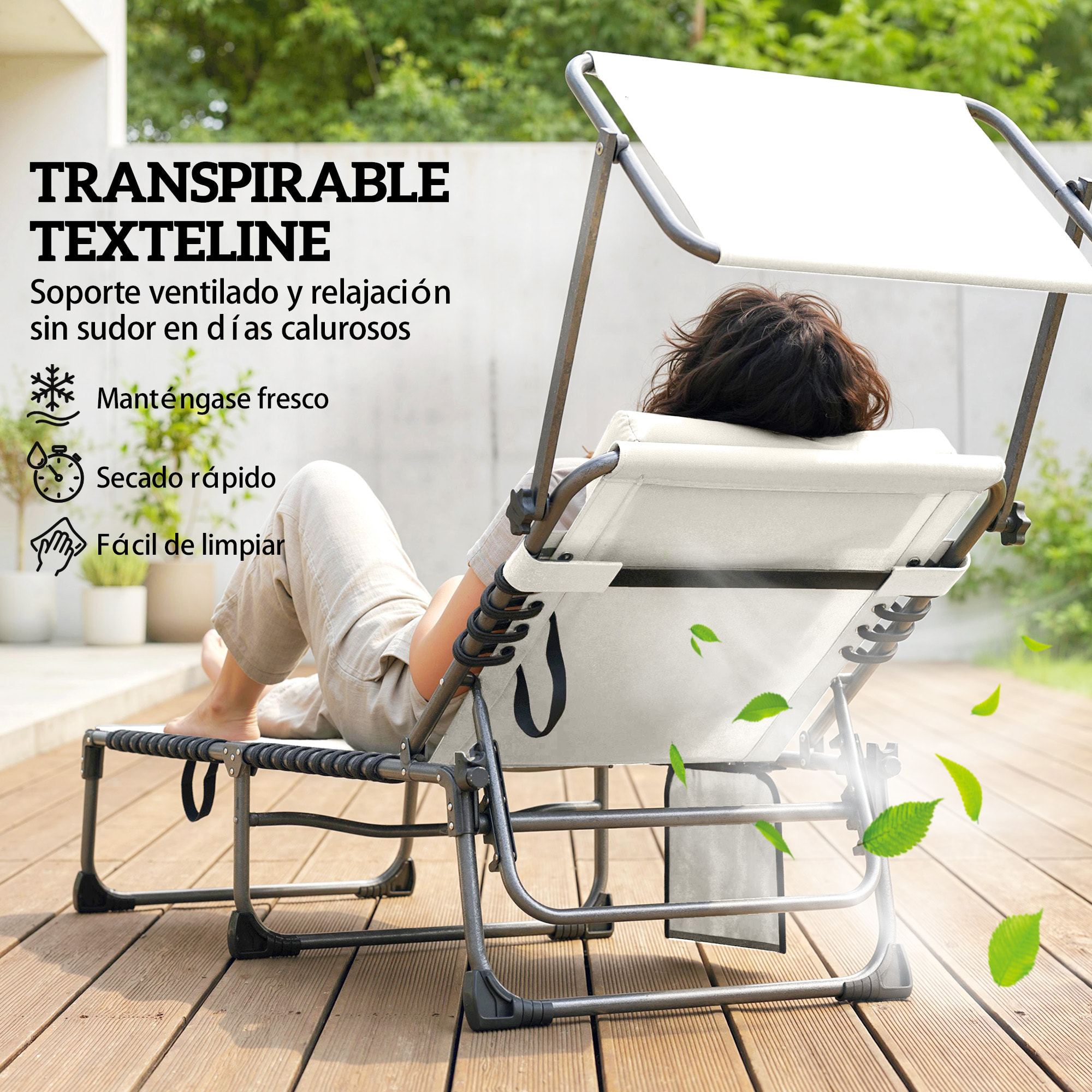 Set de 2 Tumbonas Jardín Exterior, Tumbonas Plegables con Reposacabezas, Parasol y Bolsillo Lateral, Respaldo Reclinable 5 Posiciones y Asiento Malla Transpirable para Playa, Piscina, Crema