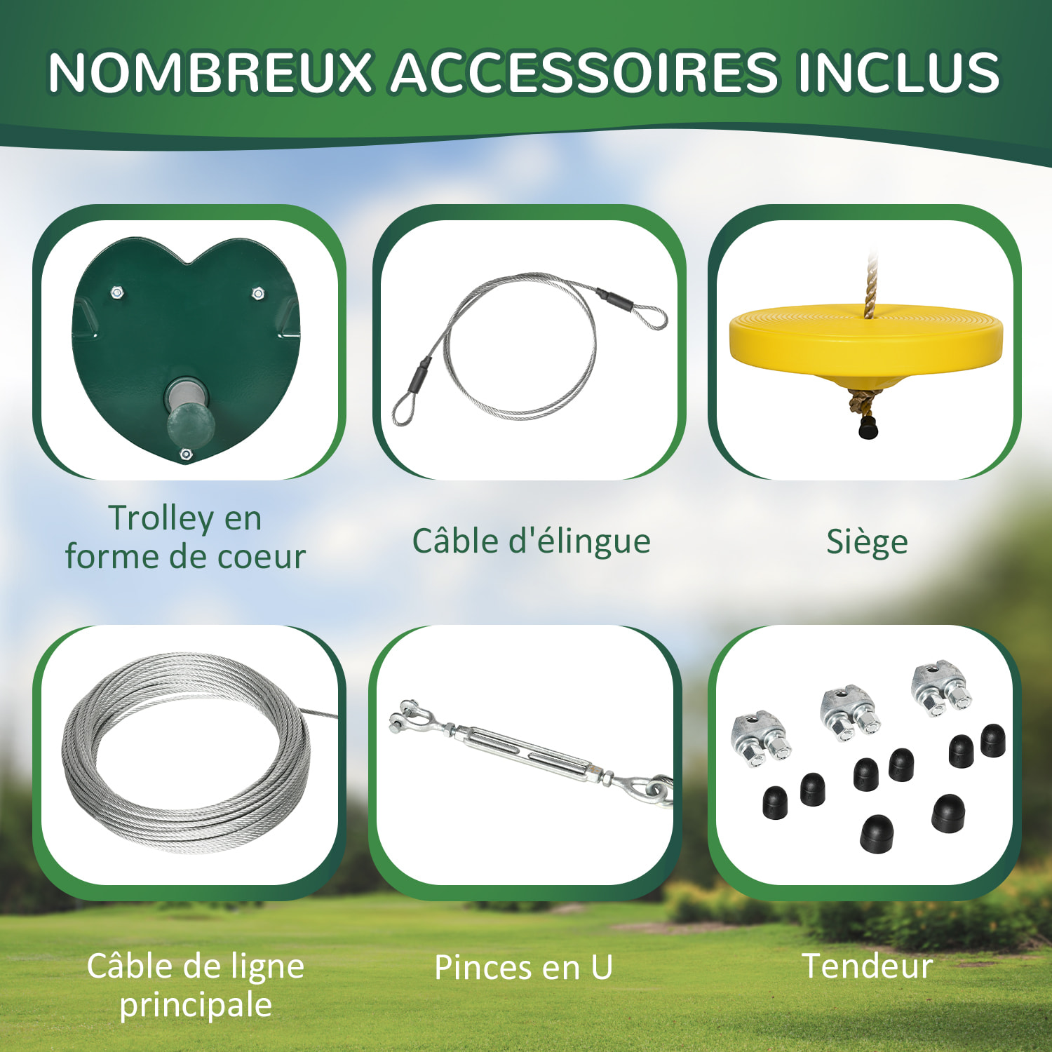 Kit complet tyrolienne 25 m - câble épais, poulie, poignées antidérapantes, assise PE - accessoires inclus
