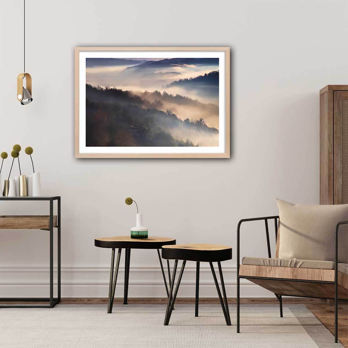 Affiche paysage brume magique Affiche + cadre en bois - Chêne