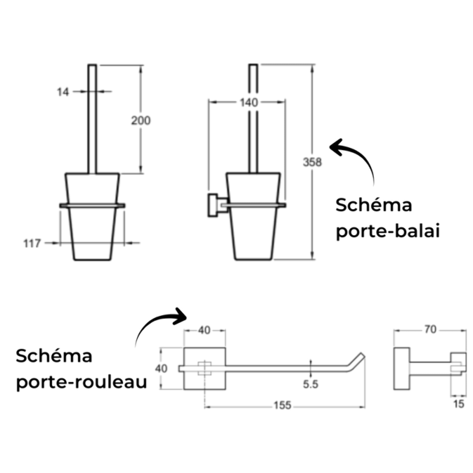 WC à poser sans bride sortie horizontale Elite avec abattant frein de chute + Porte-balai et porte-rouleau Moderne chromé