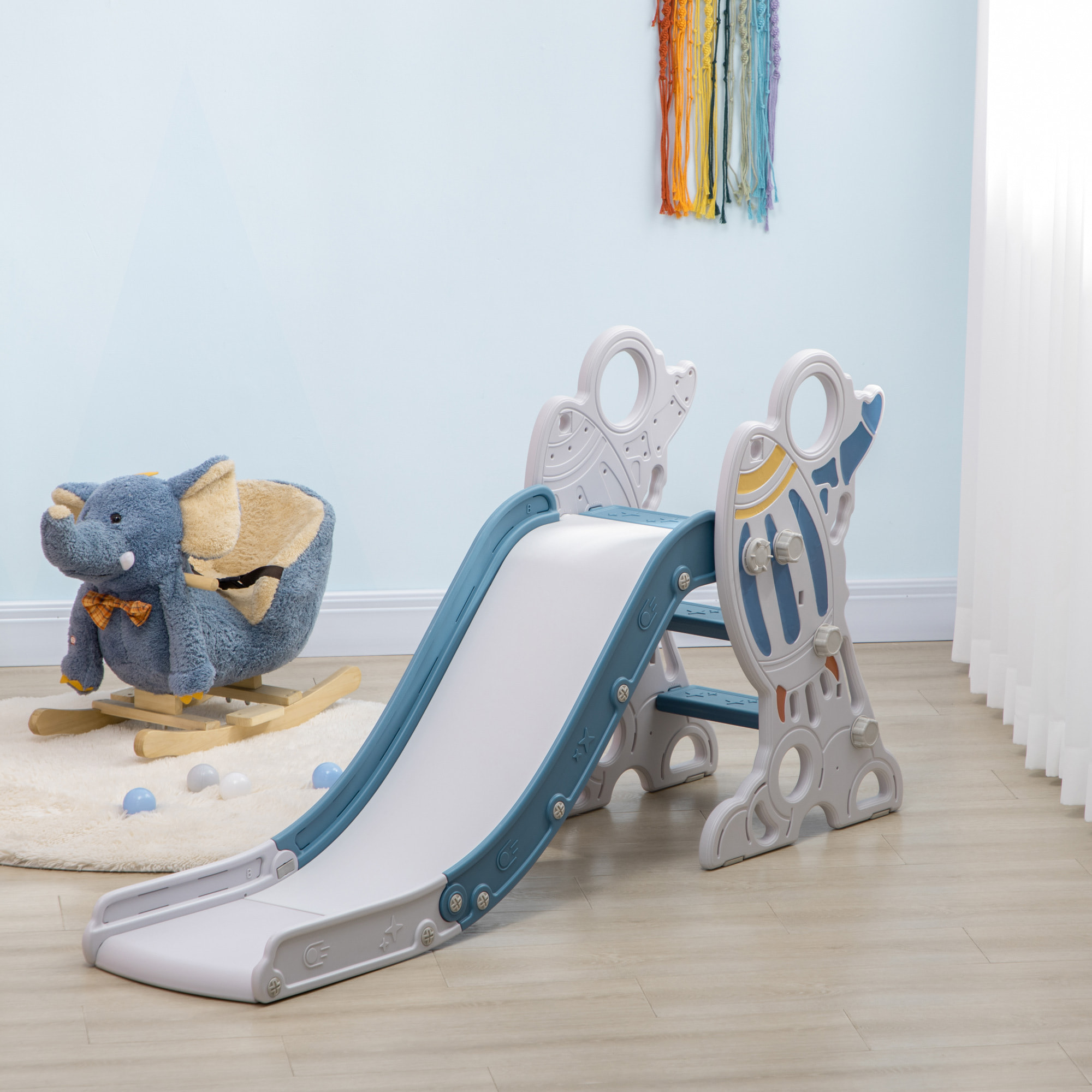 Toboggan enfant 18-36 mois design fusée - usage intérieur - dim. 157L x 46,5l x 80H cm - PE bleu blanc