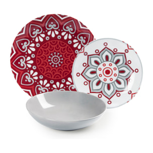Servizio piatti 18 pezzi Excelsa - Mandala Red, porcellana e stoneware rosso